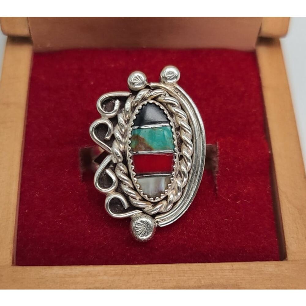 Navajo Sterling Silver Ring Inlaid Onyx, Turq, Coral, MOP Rope/Swirls Size 4.5